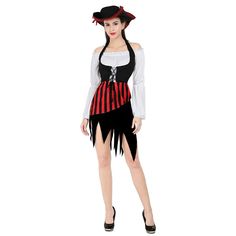 Set sail on a thrilling adventure with the Pirate Maiden Adventure Costume Set. Perfect for Halloween. themed parties. or cosplay events. this outfit captures the spirit of a daring pirate. The set includes a Victorian-inspired off-shoulder top. a lace-up corset-style waistcoat. an asymmetrical skirt with a jagged hemline. and a matching pirate hat with red accents. Made from high-quality synthetic materials. this costume is designed for comfort and durability. ensuring you'll be ready for any e Adventure Costume, Crop Top Suit, Halloween Skirt, Pirate Hat, Pirate Hats, The Pirate, Synthetic Materials, Fancy Dress Costumes, Cami Crop Top