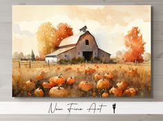 a painting of a barn with pumpkins in the foreground