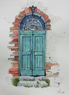 a drawing of a blue door in front of a brick wall