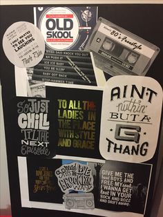 various stickers and decals on the back of an old skool refrigerator door