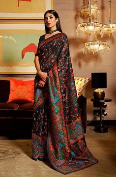 Charcoal Black Multicolor Designer Embroidered Silk Wedding Saree-Saira's Boutique Kashmiri Embroidery, Black Saree, Art Silk Sarees, Wedding Saree, Shopping Deals, Silk Wedding, Indian Attire, Traditional Sarees, Charcoal Black