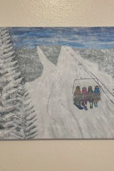 a painting of people on a ski lift going down a snowy hill with pine trees in the foreground