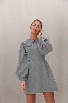 Plaid Light Gray Turndown Collar Dress Winter Workwear Dresses With Puff Sleeves, Long Sleeve Elastane Dress For Winter, Fitted Knee-length Puff Sleeve Dress For Winter, Dress With Collar Classy, Cocomelon Toys, Strips Dress, Fabric Structure, Turndown Collar, Chic Outfit