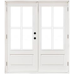 two white double doors with glass panels and black knobs on the top one side