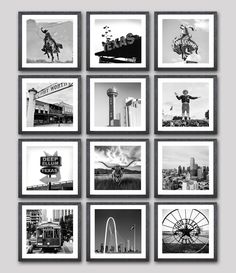 multiple black and white photographs of buildings, ferris wheel, street signs, and other things