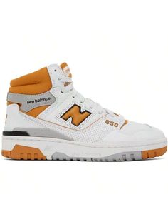 New Balance 
White & Orange 650 Sneakers 
High-top buffed leather and mesh sneakers in white and orange. Perforated detailing throughout. 
. Lace-up closure 
. Logo patch at padded tongue 
. Padded collar 
. Logo appliqué at sides 
. Logo printed at sides and heel 
. Mesh lining 
. Treaded rubber sole 
Supplier color: White/Canyon 
Upper: leather, textile. Sole: rubber. 
Made in China. 
231402F127005 
White & Orange 650 Sneakers default         Sports & Outdoor Shoes, size features are:Bust: ,Le Low-top Basketball Shoes With Studded Rubber Outsoles, Sporty Lace-up Basketball Shoes With Studded Outsoles, Lace-up Basketball Shoes With Studded Outsoles For Sports, High-top Basketball Shoes With Studded Outsoles, Sporty Mid-top Basketball Shoes With Studded Outsoles, Basketball Shoes With Studded Rubber Outsoles, Sporty Basketball Shoes With Studded Rubber Outsoles, Sports Basketball Shoes With Studded Outsoles, Sporty Low-top Basketball Shoes With Studded Outsoles