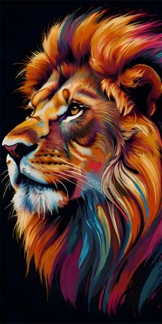 a painting of a lion on a black background