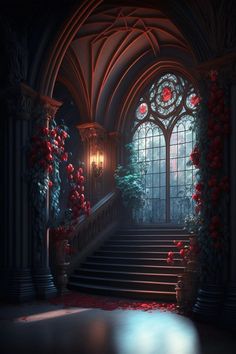 a set of stairs leading up to a window with red roses on the floor and in front of it