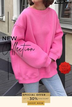 Long Sleeves Loose Solid Color Round-neck Sweatshirt Tops Pink Crew Neck Sweater Solid Color, Pink Crew Neck Sweater With Solid Color, Oversized Pink Winter Top, Winter Oversized Pink Top, Oversized Trendy Solid Color Sweatshirt, Trendy Oversized Plain Sweater, Oversized Pink Tops For Fall, Oversized Pink Top For Fall, Pink Oversized Top For Fall