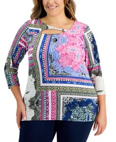 Inspired by bandana print scarves, this JM Collection top features a vibrant pop of color, eye-catching print, and unique cutout that draws attention up towards your face. Approx. model height is 5'10" and she is wearing a size 1X Relaxed fit; hits at hip; approx. 29" long Cutout at neckline 3/4-sleeves Polyester/spandex Machine washable Imported Web ID: 13807793 Spring Blue Top With Bandana Print, Blue Bandana Print Top For Spring, Cutout Top, Le Suit, Cut Out Top, Karl Lagerfeld Paris, Bandana Print, Matching Family Outfits, Deep Black