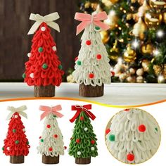 christmas trees made out of yarn are shown in front of a christmas tree with red, white and green decorations