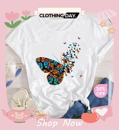 Women Fashion Fun Butterfly Pattern Printed Round Neck Short Sleeve T-shirt Multicolor Crew Neck Top With Butterfly Print, Casual T-shirt With Butterfly Print, Trendy White T-shirt With Butterfly Print, Summer Graphic Tee With Butterfly Print, White Butterfly Print Short Sleeve Top, Trendy Short Sleeve T-shirt With Butterfly Print, Spring Graphic Tee With Butterfly Print, Spring Butterfly Print Crew Neck Shirt, Casual White Shirt With Butterfly Print