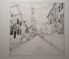 a drawing of a street with buildings on both sides and a ball in the middle