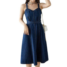 Non-stretch Denim Dress In Dark Wash, Non-stretch Dark Wash Denim Dress, Denim Blue Knee-length Summer Denim Dress, Dark Wash Mini Denim Dress For Summer, Denim Blue Knee-length Summer Dress, Summer Denim Blue Knee-length Dress, Dark Wash Knee-length Summer Dress, Casual Sleeveless Dark Wash Midi Dress, Fitted Denim Blue Midi Dress For Summer