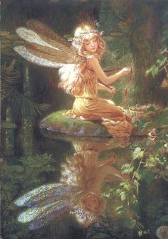 a painting of a fairy sitting on a rock in the water