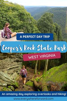 a person sitting on top of a cliff with the words cooper's rock state park west virginia