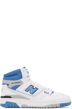 New Balance: White & Blue 650 Sneakers | SSENSE High-top Sports Sneakers With Appliqué Logo, Sporty High-top Sneakers With Appliqué Logo, High-top Sneakers With Appliqué Logo For Sports, White Sports Sneakers With Appliqué Logo, Lace-up Sports Sneakers With Appliqué Logo, Lace-up Sneakers With Appliqué Logo For Sports, Sporty Sneakers With Appliqué Logo And White Sole, White High-top Sneakers With Appliqué Logo, White Low-top Sneakers With Appliqué Logo