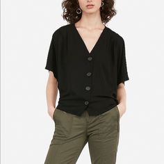 Pitch Black Button Front Super Chic Can Be Dressed Up Or Down Brand New With Tag Black V-neck Shirt With Buttons, Casual V-neck Top With Back Button Closure, Versatile Black Button-up Shirt, Black Button-up Casual Top, Black Button Closure Tops For Work, Versatile Black Button-up Blouse, Black Button-up Tops For Spring, Black Buttoned Tops For Work, Black Casual Tops With Button Closure