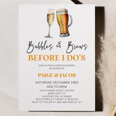 a white card with two glasses of beer and the words bubbles & brews before i do's