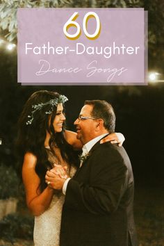 a man and woman standing next to each other in front of a sign that says, father - daughter dance songs