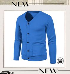 Men Casual V-neck Long-sleeved Solid Color Knitted Cardigan Casual V-neck Sweater Coat With Button Closure, Winter Solid Color V-neck Cardigan, Solid Color V-neck Winter Cardigan, Winter V-neck Solid Cardigan, Solid V-neck Winter Cardigan, Solid V-neck Cardigan For Winter, Casual V-neck Sweater Coat With Pockets, Casual Solid Color Blue Cardigan, Casual Blue Solid Color Cardigan