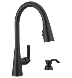 a black faucet with two handles and nozzles