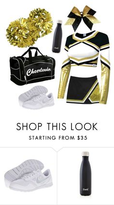 the cheerleader costume is shown with gold and black accessories, including sneakers, a gym bag