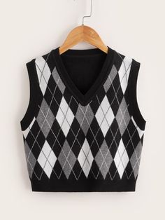 Tween Girl Argyle Pattern Sweater Vest Black and White Casual  Sleeveless Fabric Geometric Pullovers Slight Stretch Spring/Fall Tween Girls Clothing, size features are:Bust: ,Length: ,Sleeve Length: Preppy Vest, Plaid Sweater Vest, Argyle Vest, Estilo Harajuku, Argyle Sweater Vest, Fashion Top Outfits, Cute Dress Outfits, Girls Vest, Girls Fall Outfits