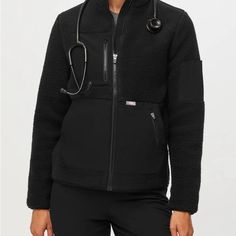 Brand New With Tags Size Med Black Functional Fleece Outerwear, Functional Black Fleece Outerwear, Functional Black Fleece Jacket With Pockets, Black Fleece Jacket With Pockets For Work, Scrubs Uniform, Black Scrubs, Scrub Jackets, Teddy Jacket, White Coat