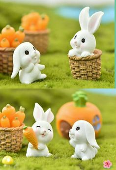 two pictures of small white rabbits in a basket with carrots