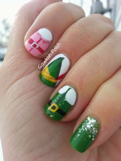 Christmas Nails Buddy The Elf, Elf Nails Acrylic, Buddy The Elf Nails Designs, Elf Nail Designs, Christmas Elf Nail Art, Elf Inspired Nails