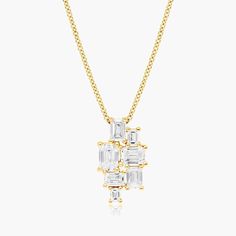 14K Yellow Gold Assemblage Emerald Cut Lab Created Diamond Necklace. This trendy pendant features multiple emerald shaped lab-created diamonds in a cluster pattern. Available in 16 and 18 inches in length, this necklace secures with a lobser claw clasp. Give your look just the right amount of sparkle with this goregous pendant. Yellow Gold Chain, Emerald Cut Diamonds, Fine Jewellery Necklace, Lab Created Diamonds, Emerald Cut, Assemblage, Diamond Shapes, Pendant Jewelry, Gold Chains