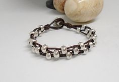 Boho Leather Bracelet, Bohemian Jewelry Gift, Leather Charm Bracelets, Silver Beaded Bracelet, Brown Leather Bracelet, Glass Drop Earrings, Silver Bead Bracelet, Beaded Wrap Bracelets, Bracelet Leather