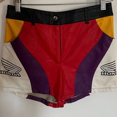 Forever 21 X Honda Collection Shorts, Faux Leather, Never Worn, Multi-Color Color Block Fitted Short Bottoms, Trendy Red Color Block Bottoms, Fitted Color Block Shorts, Fitted Red Color Block Bottoms, Fitted Color Block Short Bottoms, Red Color Block Bottoms For Spring, Trendy Short Color Block Bottoms, Red Purple, Color Purple