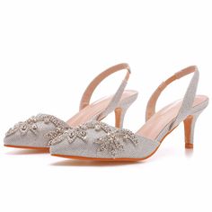 Details: Style: elegant Embellishment: Rhinestone Heels Type: Stiletto Heel height: 2.56inch Closure Type: Slingback Toe: Pointed Toe Upper Material: PU Sole Material: Rubber Lining Material: PU Elegant Sandals With Rhinestones For Special Events, Elegant Rhinestone Sandals For Events, Elegant Summer Heels With Bling, Elegant Low Heel Sparkling Sandals, Elegant High Heel Sandals With Bling, Elegant Ankle Strap Sandals With Bling, Party Slingback Sandals With Rhinestones, Elegant Sparkling Low Heel Sandals, Elegant Rhinestone Pointed Toe Sandals