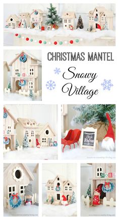 christmas mantel with snow village decorations and ornaments on the top, below it is an image