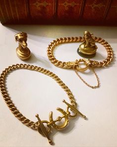 "Three wonderful Victorian era antique bracelets! Two are for the horse lovers out there😉or maybe you just like the look of them! One is a 9Kt horse shoe design in a curb link with safety chain. Unusual in that the clasp is in the horseshoe. One side is gated and hinges in so that you can slip a gold loop over it. Very one of a kind and will fit up to a 7\" wrist. Next is another equestrian design in 15Kt gold. This one has a more delicate link and is longer and will fit up to a 7-1/2\" wrist. Luxury Antique Chain Bracelet As Gift, Luxury Victorian Gold Bracelet, Horse Shoe Design, Luxury Vintage Chain Bracelet With Box Clasp, Luxury Hallmarked Vintage Chain Bracelet, Equestrian Design, Luxury Gold Antique-style Charm Bracelet, Jewellery Brand, Art Deco Diamond Rings