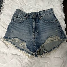 Brand New, Never Worn Shorts Distressed Denim Blue High-waisted Shorts, Summer Distressed Denim Jeans, Distressed Denim Jeans For Summer, Distressed High Waist Jean Shorts For Day Out, Summer Jeans With Pockets In Medium Wash, Distressed High Rise Shorts For Day Out, Summer Ripped Medium Wash Jeans, Summer High Waist Ripped Jeans, Ripped High Waist Summer Jeans