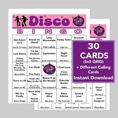 the disco bingo card game is shown in purple and white with pink lettering on it