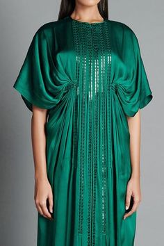 Shop for Amit Aggarwal Green Crinkled Chiffon Handwoven Kaftan Dress for Women Online at Aza Fashions Festive Floor-length Kaftan With Draped Sleeves, Eid Evening Dresses With Draped Sleeves, Festive Green Silk Maxi Dress, Dress With Draped Sleeves For Party And Eid, Eid Party Dresses With Draped Sleeves, Party Dresses With Draped Sleeves For Eid, Elegant Festive Kaftan With Draped Sleeves, Eid Sequin Dress With Cape Sleeves, Eid Dresses With Sequins And Cape Sleeves