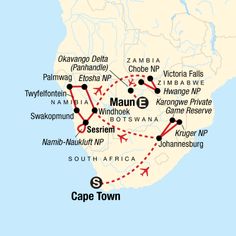 the route map for cape town, south africa and new zealand with destinations on it