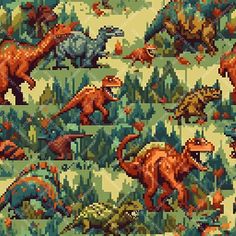 an image of pixelated dinosaurs in the jungle with trees and bushes behind them stock photo