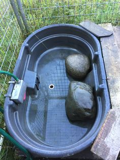 two rocks sit in an outdoor water trough