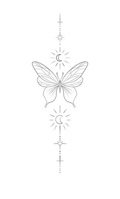 a line drawing of a butterfly with the sun and moon on it's wings