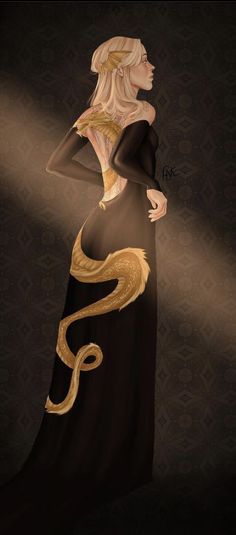 a woman in a long black dress with a golden dragon on it's back