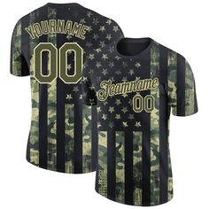 Custom Camo Olive-Cream 3D American Flag Fashion Performance Salute To Service T-Shirt Dri-fit T-shirt For Sports Events, Sublimation Design With Team Name For Sports Season Streetwear, Streetwear Sublimation Design With Team Name For Sports Season, Jersey Sports Fan Tops For Sports Events, Sports Fan Tops With Sublimation Print, Game Day Jersey Top With Sublimation Print, Green Breathable Team Spirit T-shirt, Jersey Top With Sublimation Print For Game Day, Game Day Jersey T-shirt With Sublimation Print