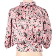 Pretty Blouse By Zara. Size Small. Pink/Red/Green/White. Chic Rose Print Top For Day Out, Pink Feminine Blouse For Brunch, Feminine Pink Blouse For Brunch, Chic Fitted Blouse With Rose Print, Chic Fitted Rose Print Blouse, Zara Feminine Pink Top, Feminine Pink Zara Tops, Pink Fitted Blouse With Floral Print, Feminine Rose Print Tops For Spring