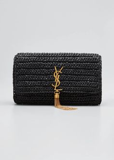 Saint Laurent Kate 99 YSL Raffia Tassel Shoulder Bag - Bergdorf Goodman Chic Straw Bag With Tassels, Chic Clutch Bag With Tassels, Chic Straw Bag With Fringe, Chic Tassel Clutch Bag, Chic Black Straw Bag, Chic Straw Bag With Tassels For Travel, Designer Handwoven Rectangular Straw Bag, Chic Rectangular Straw Bag With Tassels, Chic Straw Bags With Tassels