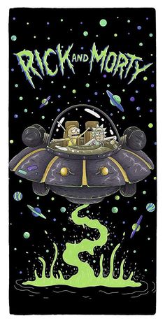 a black and green poster with an image of two people in a flying saucer