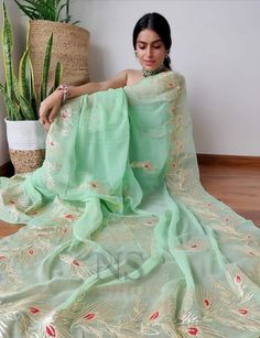 Eid Georgette Pre-draped Saree With Gota Work, Georgette Pre-draped Saree With Dupatta For Diwali, Pista Green Georgette Pre-draped Saree With Dupatta, Bollywood Style Chanderi Saree With Dori Work, Bollywood Chanderi Saree With Dupatta, Bollywood Style Chanderi Saree With Dupatta, Green Bollywood Saree With Sheer Dupatta, Green Georgette Dupatta With Resham Embroidery, Pista Green Georgette Blouse Piece With Resham Embroidery